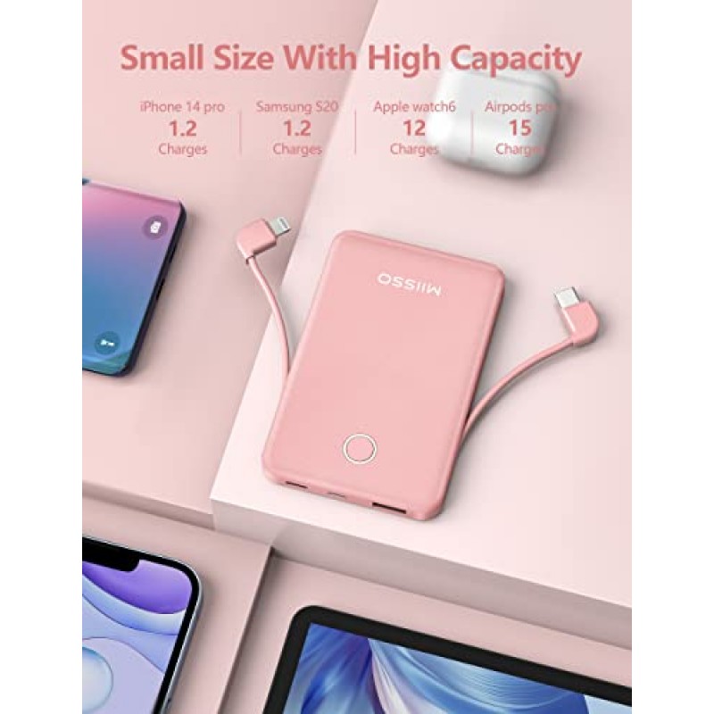 6000mah 울트라 슬림 내장 케이블 전원 은행, 카드 크기 USB C 코드 내장 배터리 팩 휴대폰용 휴대용 충전기, 3출력 외부 배터리 팩 iPhone, Samsung, Google, Pink와 호환 가능