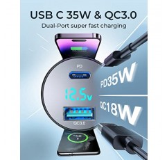 USB C 차량용 충전기 어댑터, 53W 시가 라이터 USB 충전기, JOYROOM Type C 초고속 차량용 충전기 PD35W & QC3.0 & PPS25W iPhone 15 14 13 12, Samsung Galaxy S22/S21, iPad Pro용 LED 전압 디스플레이