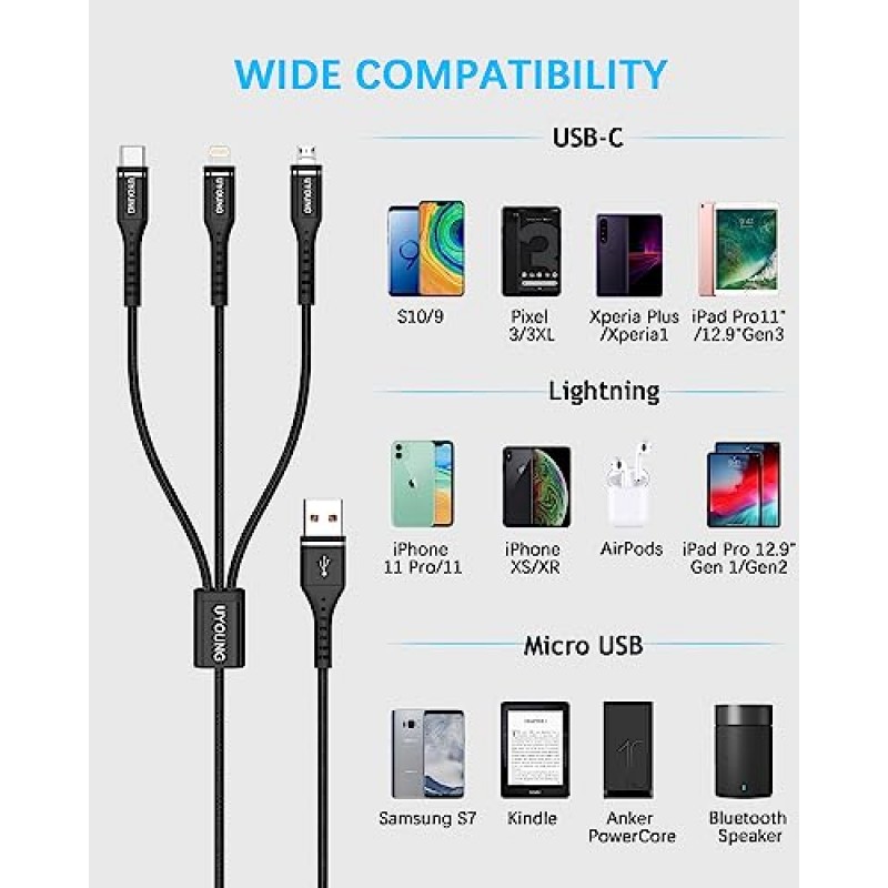 2 팩 4 FT 다중 충전 케이블 다중 USB 3 in 1 충전기 케이블 휴대전화/iPhone/태블릿 등을 위한 Type-C/라이트닝/마이크로 USB 포트 커넥터가 있는 범용 나일론 편조 고속 충전 코드