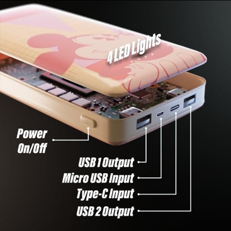 디즈니 미키 마우스와 친구들 10,000Mah 보조 배터리 - 여성, 남성, 청소년 및 모든 미키 마우스 팬을 위한 선물용 USB 충전 포트가 포함된 범용 호환 휴대용 휴대폰 충전기 배터리 팩