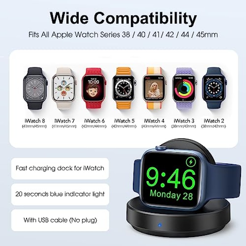 Apple Watch용 ZAPOGO 휴대용 자기 충전 도크, 충전 케이블이 있는 무선 고속 시계 충전기 스탠드, 나이트스탠드 모드 지원, Apple Watch Series 8 7 SE 6 5 4 3 2-Black과 호환 가능