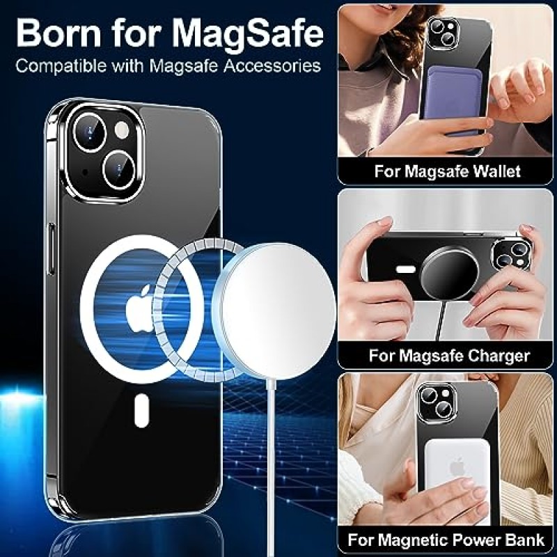 MOZOTER 마그네틱 for iPhone 15 케이스 투명,[Magsafe와 호환 가능] [2*유리 화면 보호기] [군용 낙하 방지] [황변 방지] 슬림하고 얇은 충격 방지 휴대폰 케이스 6.1인치-투명