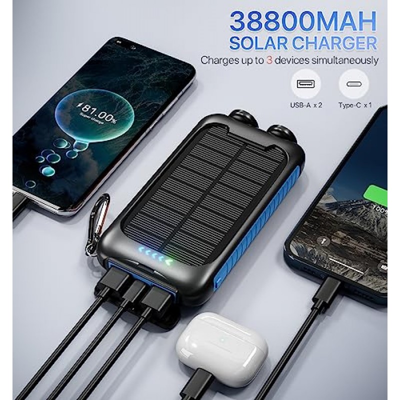 Nuynix 태양광 충전기 보조베터리, 38800mAh 휴대용 전화 충전기(1개의 Type C 및 2개의 USB 포트 포함) 듀얼 LED 손전등, iPhone, iPad, Samsung용 15W 고속 충전 방수 태양광 패널 충전기