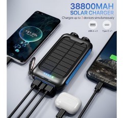 Nuynix 태양광 충전기 보조베터리, 38800mAh 휴대용 전화 충전기(1개의 Type C 및 2개의 USB 포트 포함) 듀얼 LED 손전등, iPhone, iPad, Samsung용 15W 고속 충전 방수 태양광 패널 충전기