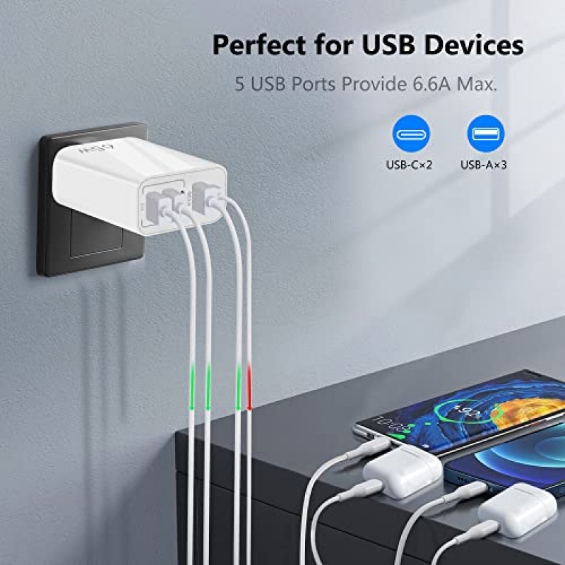 유럽 ​​USB 충전기 6.6A, LiFiYiRc PD20W&QC3.0 고속 충전 멀티 포트, USB C 2개 3 USB A 유럽 플러그 iPhone 14 13 12 11 Pro Max XS XR X SE 8 Plus, Samsung S22 S21 A13, 기타 휴대폰과 호환 가능