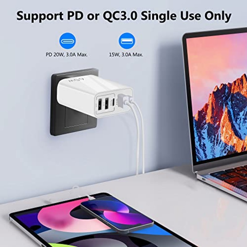 유럽 ​​USB 충전기 6.6A, LiFiYiRc PD20W&QC3.0 고속 충전 멀티 포트, USB C 2개 3 USB A 유럽 플러그 iPhone 14 13 12 11 Pro Max XS XR X SE 8 Plus, Samsung S22 S21 A13, 기타 휴대폰과 호환 가능