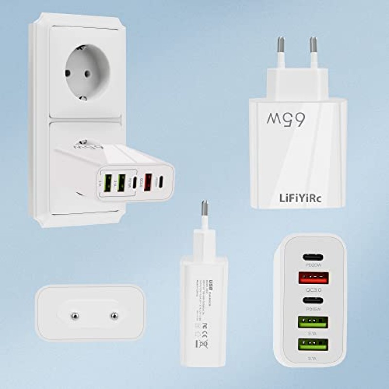 유럽 ​​USB 충전기 6.6A, LiFiYiRc PD20W&QC3.0 고속 충전 멀티 포트, USB C 2개 3 USB A 유럽 플러그 iPhone 14 13 12 11 Pro Max XS XR X SE 8 Plus, Samsung S22 S21 A13, 기타 휴대폰과 호환 가능