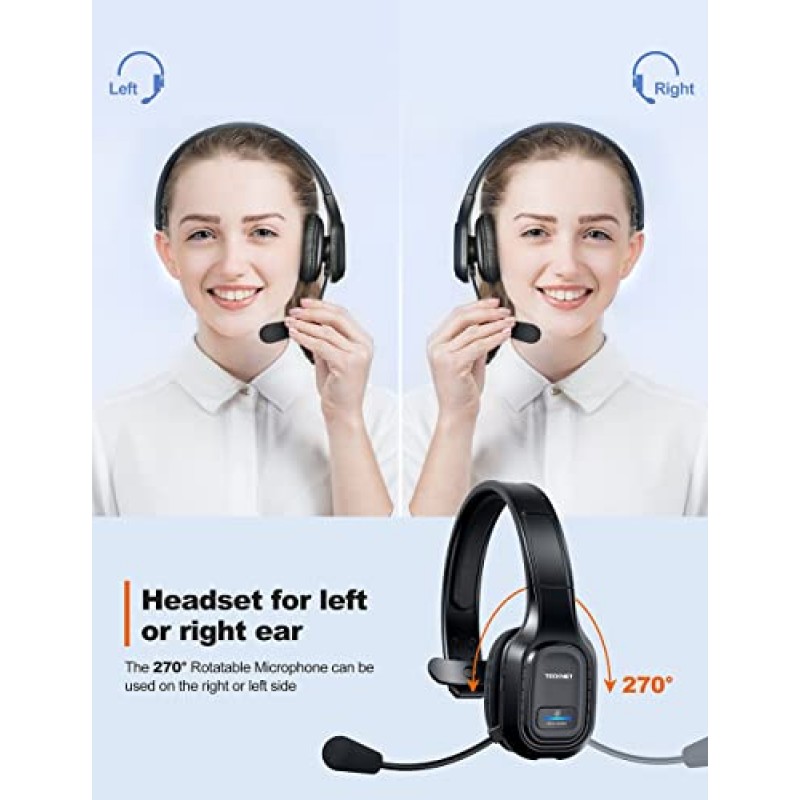 TECKNET Trucker Bluetooth 헤드셋(마이크 포함) 소음 차단 무선 온이어 헤드폰, 55H 휴대 전화용 핸즈프리 무선 헤드셋 컴퓨터 사무실 홈 콜 센터 Skype(검은색)