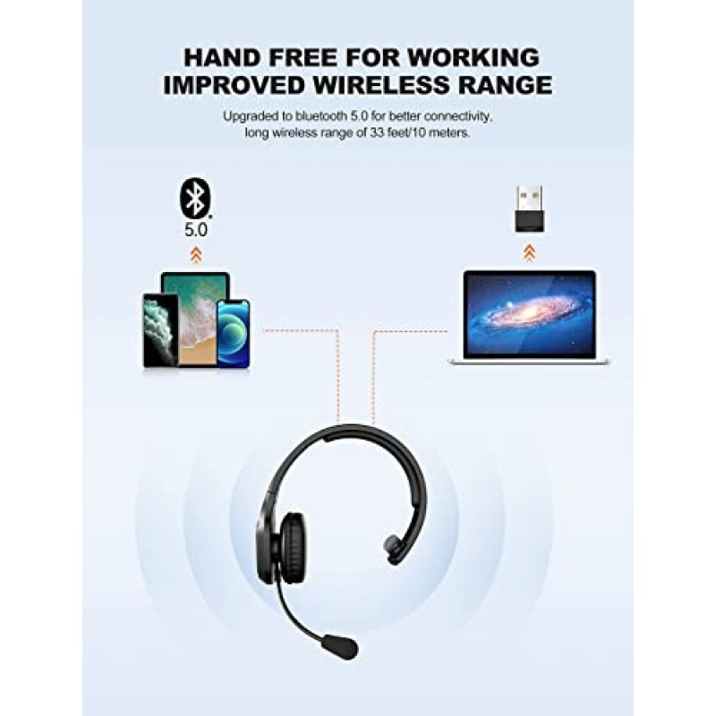 TECKNET Trucker Bluetooth 헤드셋(마이크 포함) 소음 차단 무선 온이어 헤드폰, 55H 휴대 전화용 핸즈프리 무선 헤드셋 컴퓨터 사무실 홈 콜 센터 Skype(검은색)