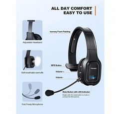 TECKNET Trucker Bluetooth 헤드셋(마이크 포함) 소음 차단 무선 온이어 헤드폰, 55H 휴대 전화용 핸즈프리 무선 헤드셋 컴퓨터 사무실 홈 콜 센터 Skype(검은색)