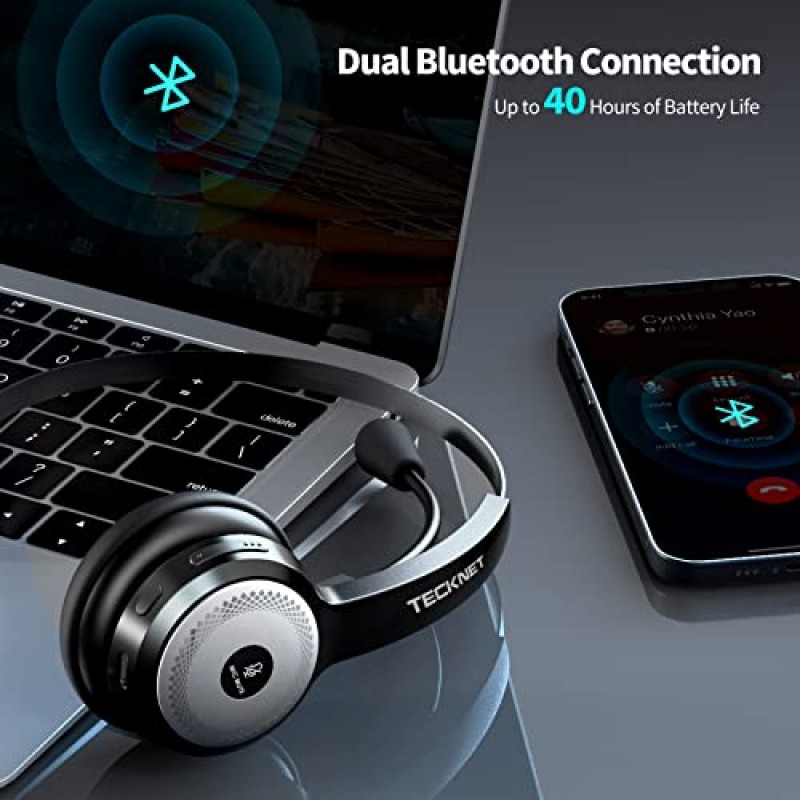 TECKNET Bluetooth 5.0 무선 헤드셋(AI 소음 제거 마이크 및 노트북용 충전 베이스 포함), PC, 휴대폰, Skype, Zoom용 온이어 Bluetooth 헤드폰 전화기 헤드셋(검은색)