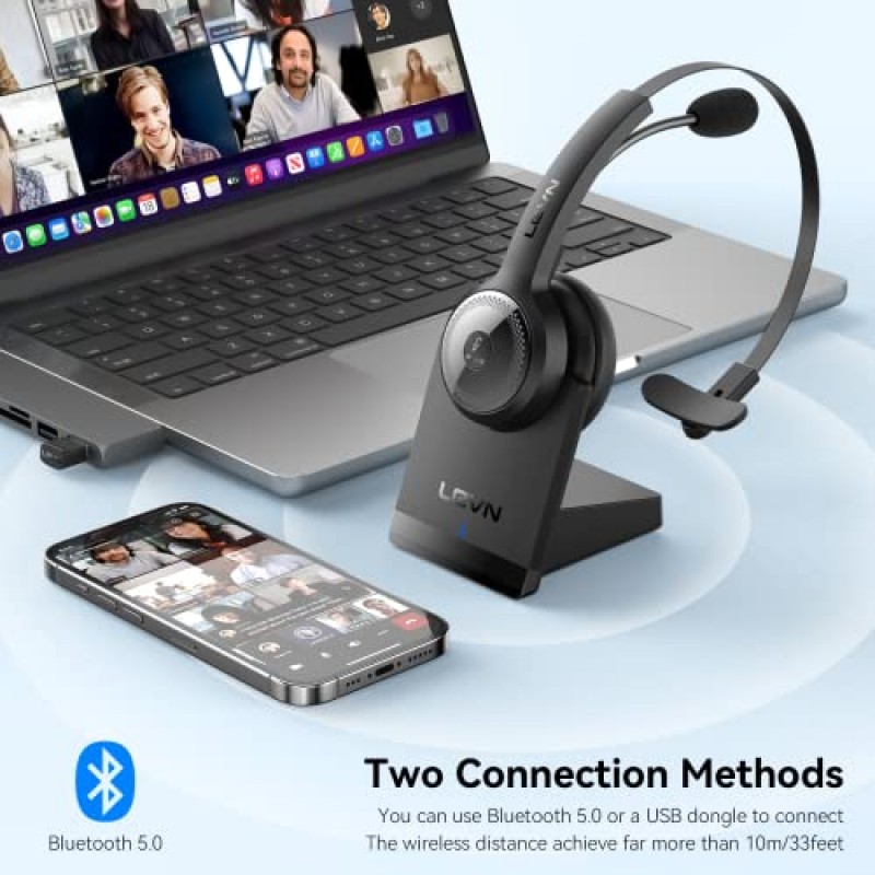 LEVN Bluetooth 5.0 헤드셋, 마이크가 포함된 무선 헤드셋(AI 소음 제거), USB 동글 및 충전 베이스 사용을 위한 35시간 무선 헤드셋, 가정/개방형 사무실/팀/줌 작업에 적합