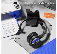 LEVN Bluetooth 5.0 헤드셋, 마이크가 포함된 무선 헤드셋(AI 소음 제거), USB 동글 및 충전 베이스 사용을 위한 35시간 무선 헤드셋, 가정/개방형 사무실/팀/줌 작업에 적합