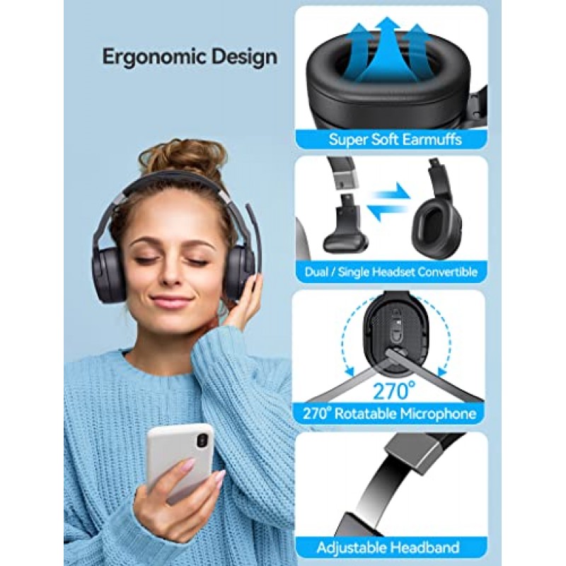 TECKNET Bluetooth 헤드셋, 마이크가 있는 무선 Bluetooth 트럭 운전사 헤드셋 소음 차단 3가지 EQ 음악 모드, 트럭 운전사, 사무실, 콜센터 작업을 위한 단일 및 이중 귀 무선 헤드폰