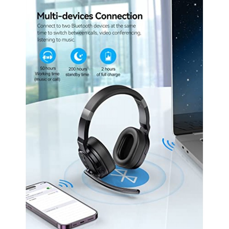 TECKNET Bluetooth 헤드셋, 마이크가 있는 무선 Bluetooth 트럭 운전사 헤드셋 소음 차단 3가지 EQ 음악 모드, 트럭 운전사, 사무실, 콜센터 작업을 위한 단일 및 이중 귀 무선 헤드폰