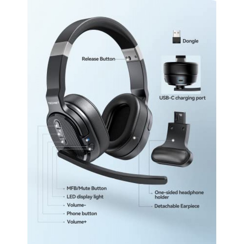 TECKNET Bluetooth 헤드셋, 마이크가 있는 무선 Bluetooth 트럭 운전사 헤드셋 소음 차단 3가지 EQ 음악 모드, 트럭 운전사, 사무실, 콜센터 작업을 위한 단일 및 이중 귀 무선 헤드폰