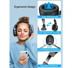 TECKNET Bluetooth 헤드셋, 마이크가 있는 무선 Bluetooth 트럭 운전사 헤드셋 소음 차단 3가지 EQ 음악 모드, 트럭 운전사, 사무실, 콜센터 작업을 위한 단일 및 이중 귀 무선 헤드폰