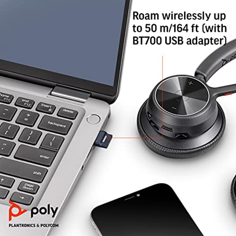 Poly - Voyager 4320 UC 무선 헤드셋 + 충전 스탠드(Plantronics) - 붐 마이크가 있는 헤드폰 - USB-A Bluetooth 어댑터를 통해 PC/Mac에 연결, Bluetooth를 통해 휴대폰에 연결 - Teams, Zoom 등과 호환