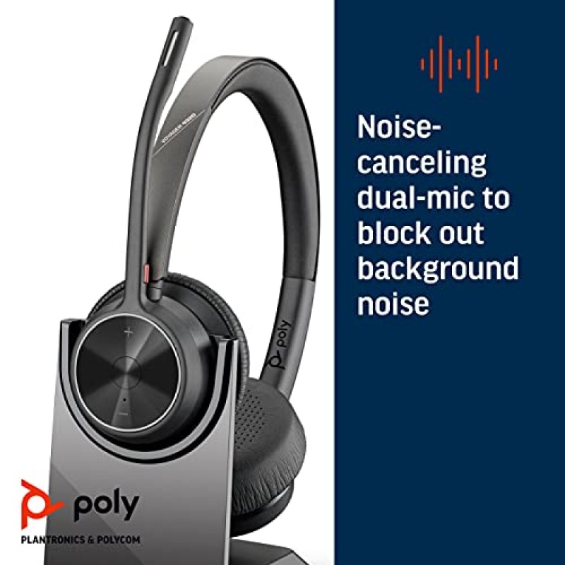 Poly - Voyager 4320 UC 무선 헤드셋 + 충전 스탠드(Plantronics) - 붐 마이크가 있는 헤드폰 - USB-A Bluetooth 어댑터를 통해 PC/Mac에 연결, Bluetooth를 통해 휴대폰에 연결 - Teams, Zoom 등과 호환