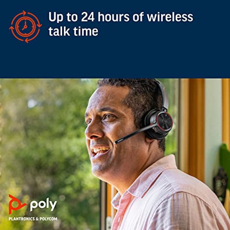 Poly - Voyager 4320 UC 무선 헤드셋 + 충전 스탠드(Plantronics) - 붐 마이크가 있는 헤드폰 - USB-A Bluetooth 어댑터를 통해 PC/Mac에 연결, Bluetooth를 통해 휴대폰에 연결 - Teams, Zoom 등과 호환