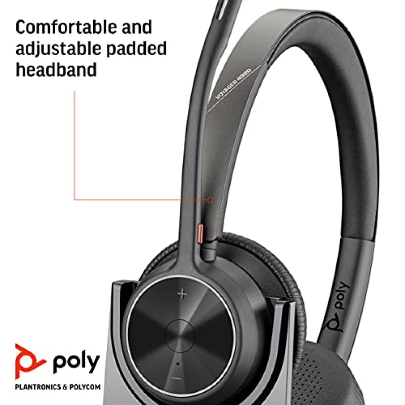 Poly - Voyager 4320 UC 무선 헤드셋 + 충전 스탠드(Plantronics) - 붐 마이크가 있는 헤드폰 - USB-A Bluetooth 어댑터를 통해 PC/Mac에 연결, Bluetooth를 통해 휴대폰에 연결 - Teams, Zoom 등과 호환