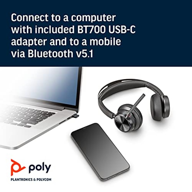 Poly - Voyager Focus 2 UC USB-C 헤드셋(Plantronics) - 붐 마이크가 포함된 Bluetooth 듀얼 이어(스테레오) 헤드셋 - USB-C PC/Mac 호환 - 능동형 소음 제거 - Teams, Zoom(인증) 등과 작동