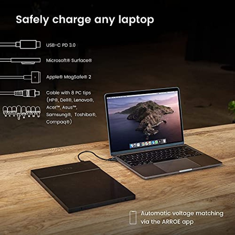 ARROE 앱 지원 노트북 보조 배터리 20000mAh(액세서리 포함): USB-C PD 60W 벽면 충전기, 국제 어댑터 플러그 및 노트북 커넥터 - 모든 장치용 스마트 충전 시스템