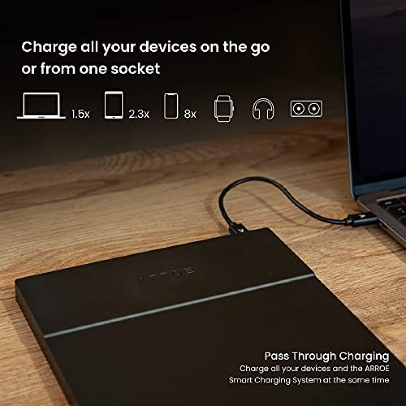 ARROE 앱 지원 노트북 보조 배터리 20000mAh(액세서리 포함): USB-C PD 60W 벽면 충전기, 국제 어댑터 플러그 및 노트북 커넥터 - 모든 장치용 스마트 충전 시스템