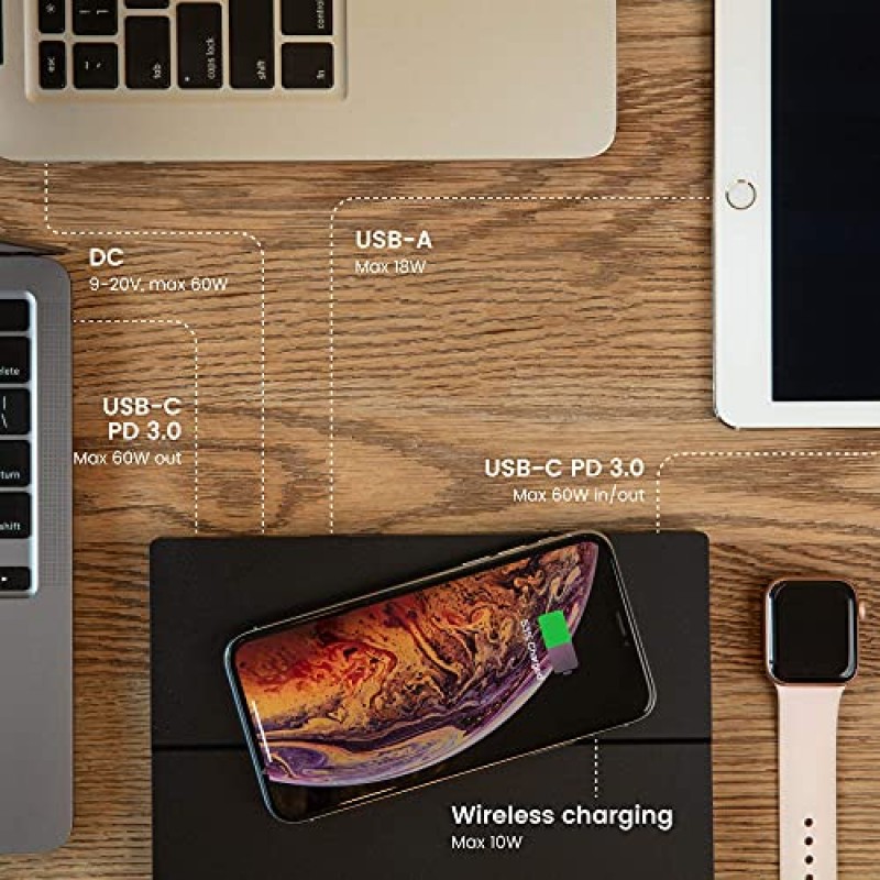 ARROE 앱 지원 노트북 보조 배터리 20000mAh(액세서리 포함): USB-C PD 60W 벽면 충전기, 국제 어댑터 플러그 및 노트북 커넥터 - 모든 장치용 스마트 충전 시스템