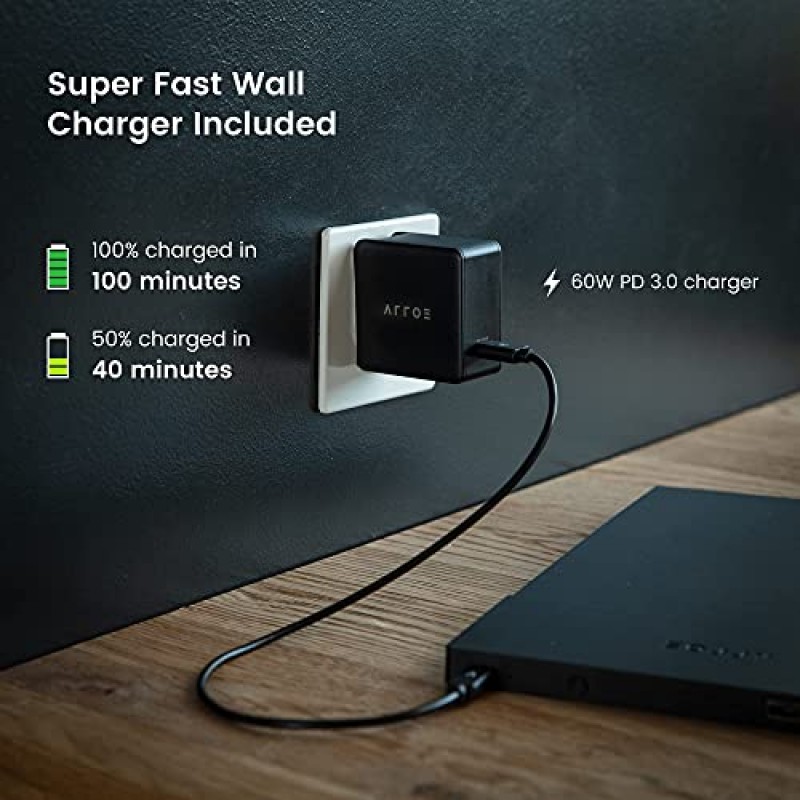 ARROE 앱 지원 노트북 보조 배터리 20000mAh(액세서리 포함): USB-C PD 60W 벽면 충전기, 국제 어댑터 플러그 및 노트북 커넥터 - 모든 장치용 스마트 충전 시스템