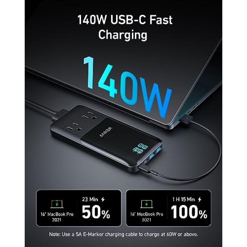 Anker Prime 6-in-1 USB C 충전 스테이션, 업무 및 여행용 140W 소형 전원 스트립, 6개 포트가 있는 5피트 분리형 연장 코드, iPhone 15/15 Plus/15 Pro/15 Pro Max용(배터리 없음/무선)