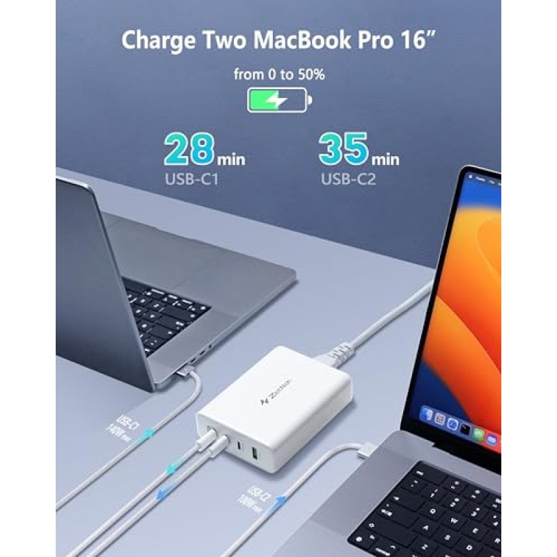 240W USB C 충전기, ZeitNah GaN 4포트 고속 충전기, MacBook Pro/Air, iPhone 15/14/Pro, iPad Pro, Galaxy S23/S22, Note20, Pixel, Apple Watch 등과 호환 가능(140W USB C ~ C 케이블 포함)