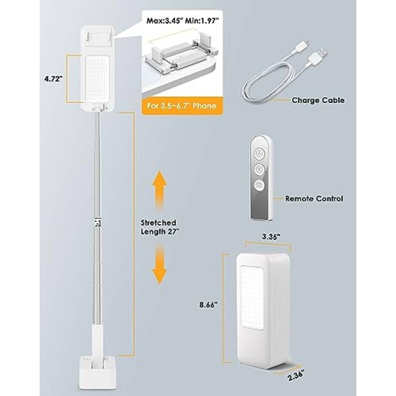 녹음용 SupeDesk 휴대폰 스탠드, LED 조명 포함, 셀카 스탠드, 휴대용 확장형 휴대폰 스탠드, 3.5-6.7인치 휴대폰용, 360° 회전, 조정 가능, 오버헤드 휴대폰 마운트, 무선 리모컨, 충전식, 라이브 스트림