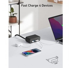 Anker 525 충전 스테이션, iphone13/14용 7-in-1 USB C 전원 스트립, 3AC, 2USB A, 2USB C가 포함된 5피트 연장 코드, MacBook Pro, 가정, 사무실용 최대 65W 전원 공급 데스크탑 액세서리(팬텀 블랙)