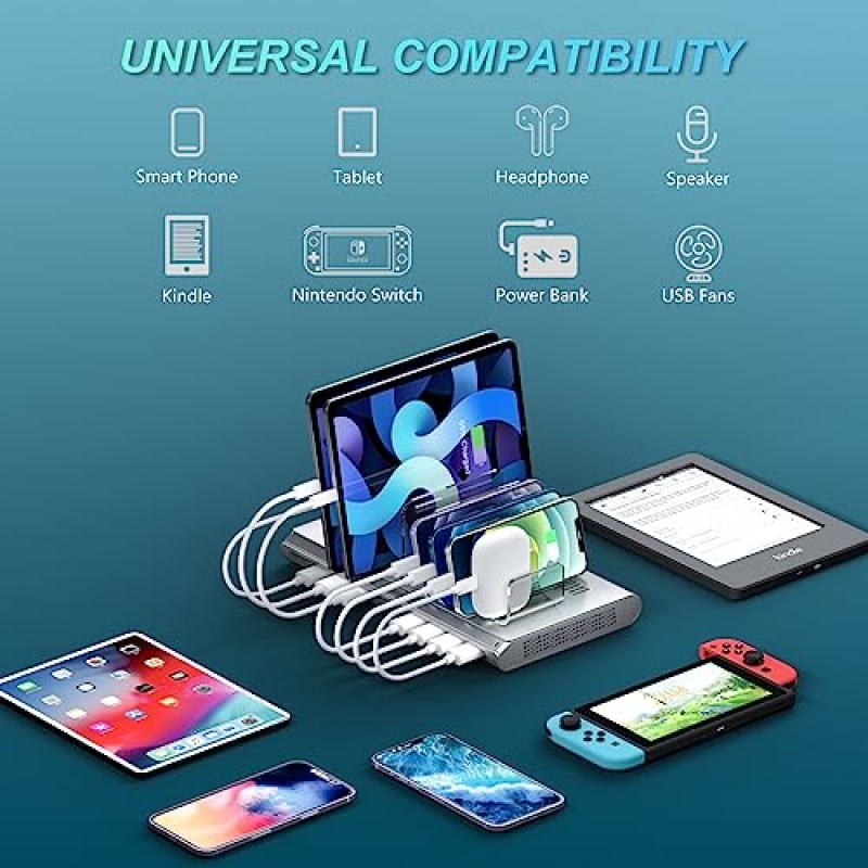 Unitek 멀티 iPad 충전 스테이션 - 여러 장치를 위한 10포트 USB 충전 스테이션, iPhone, iPad, Android, 태블릿용 고속 충전 도크 휴대폰 정리함 - 실버