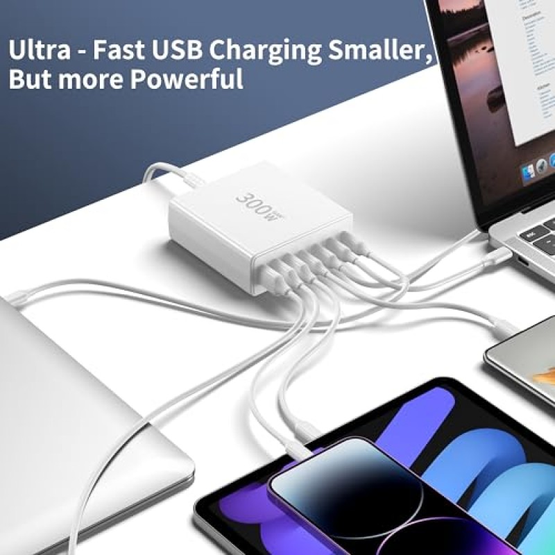 300W USB C 고속 충전기. 7 포트 고속 충전 스테이션 DELL HP Surface MacBook Pro/Air iPad iPhone 15/14/13/Pro Max/12 Sumsung Galaxy Note23과 호환되는 듀얼 PD PPS 100W 노트북 전원 어댑터