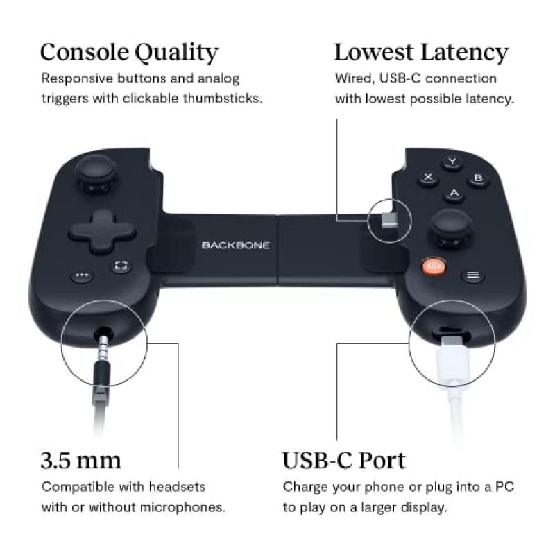 Android 및 iPhone 15 시리즈(USB-C)용 BACKBONE One 모바일 게임 컨트롤러 - 휴대폰을 게임 콘솔로 전환 - Xbox, Playstation, Call of Duty, Roblox, Minecraft, Genshin Impact 등 플레이