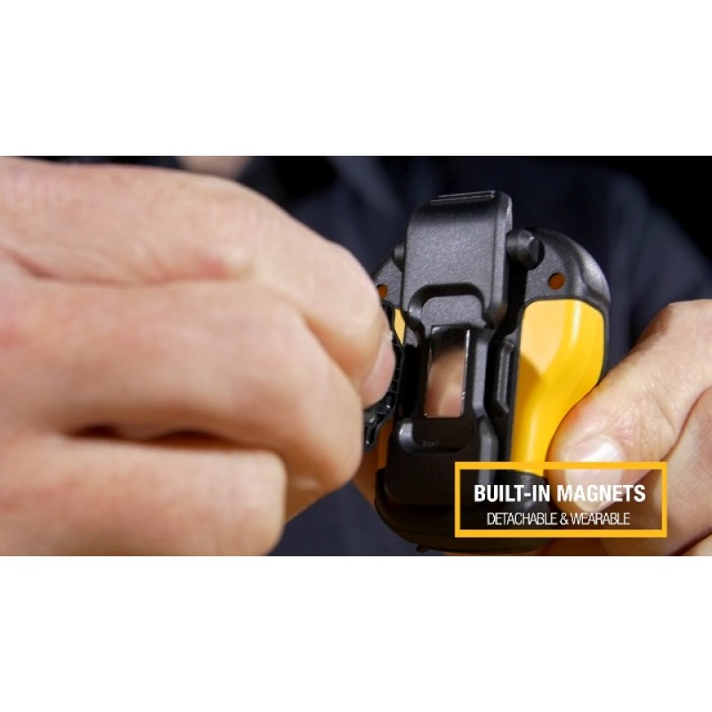 DEWALT 웨어러블 Bluetooth 스피커 — 자석 클립온 무선 Jobsite Pro 방수 휴대용 스피커 — 핸즈프리 음악 및 통화를 위한 내장 마이크