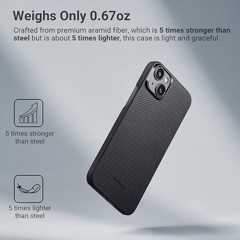 PITAKA Case for iPhone 15 MagSafe와 호환되는 슬림하고 가벼운 iPhone 15 케이스 케이스 없는 터치감의 6.1인치, 600D 아라미드 섬유 소재 [MagEZ Case 4 - 블랙/그레이(트윌)]