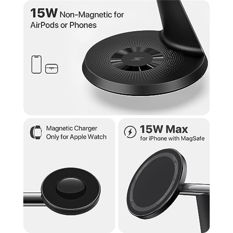 Apple 장치용 충전 스테이션, MagSafe 충전기 스탠드용, iPhone 15 14 13 12 시리즈용 무선 충전기 3 in 1, Apple Watch, AirPods Pro/3/2(30W 어댑터 포함)