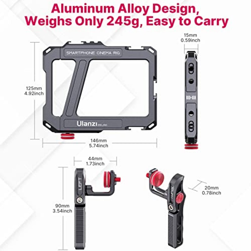 손잡이가 있는 ULANZI 스마트폰 비디오 리그, LINO 영화 제작 케이스 알루미늄 합금 휴대폰 비디오 안정기 그립 비디오 메이커용 삼각대 마운트 iPhone 13 Mini Pro Max 8 Plus용 콜드 슈가 있는 비디오 그래퍼