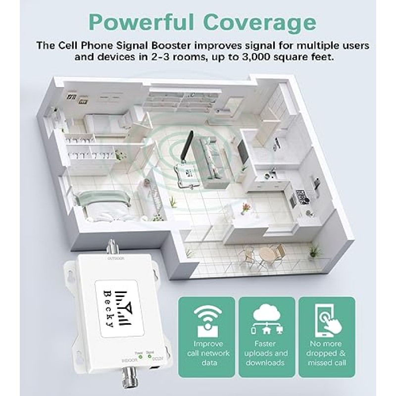 AT&T 휴대폰 신호 부스터 가정용 셀 신호 부스터 | 대역 12/17에서 4G LTE 5G 데이터 및 음성 신호 강화 | 셀룰러 신호 중계기 증폭기 | 최대 2,500평방피트 | T모바일 휴대폰 부스터