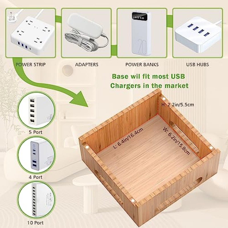 스마트폰 및 태블릿용 다중 USB 충전 스테이션, 시계용 올인원 정리 도크, 이어버드 - 케이블 6개, 전원 충전기 허브 5개, Bamboo(Pezin & Hulin)