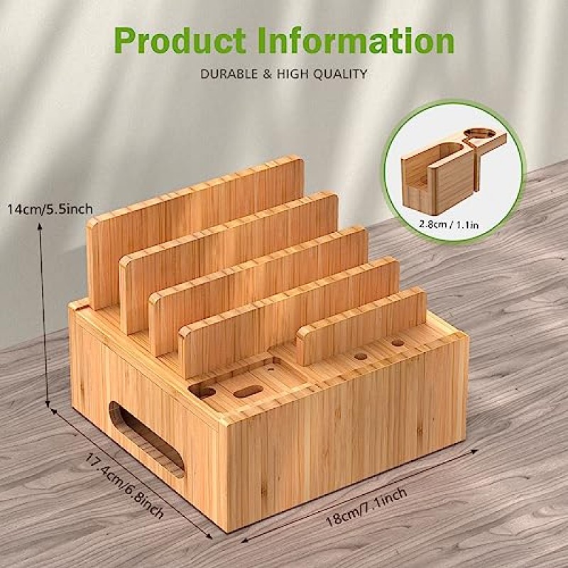 스마트폰 및 태블릿용 다중 USB 충전 스테이션, 시계용 올인원 정리 도크, 이어버드 - 케이블 6개, 전원 충전기 허브 5개, Bamboo(Pezin & Hulin)