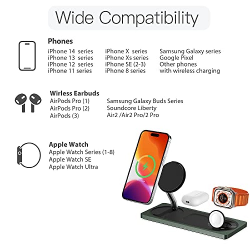 Apple 장치용 3 in 1 무선 충전 스테이션, 22W 고속 자기 안전 충전기 스탠드, iPhone 14 13 12 Pro Max/Plus/Pro/Mini, Apple Watch 8/7/6/5/4/3/용 자기 무선 충전 스테이션 2/SE, 에어팟