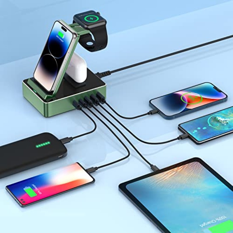 여러 장치용 충전 스테이션, 20W USB C 2 포트가 있는 100W 8 in 1 무선 충전 스테이션, iPhone 시리즈, iWatch, AirPods Pro(녹색)와 호환되는 알루미늄 합금 휴대폰 충전 스테이션