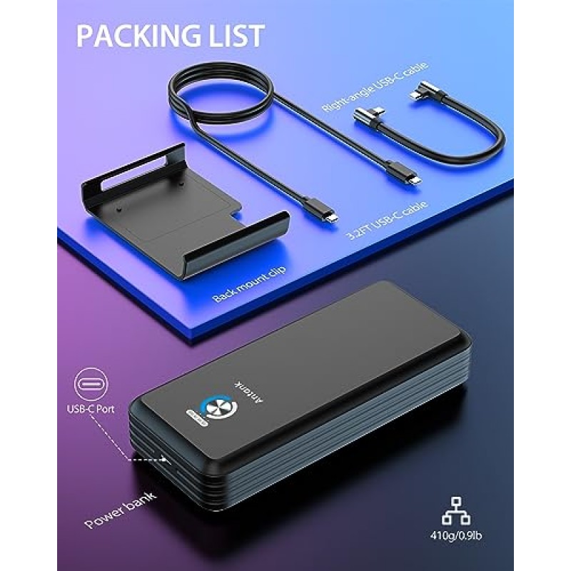 스팀 데크와 호환되는 Antank 자기 전원 은행, 16000mAh 45W PD 고속 3.0 충전 휴대용 배터리 은행, 탈착식 자기 후면 마운트 및 듀얼 USB-C 케이블이 있는 외부 배터리 팩