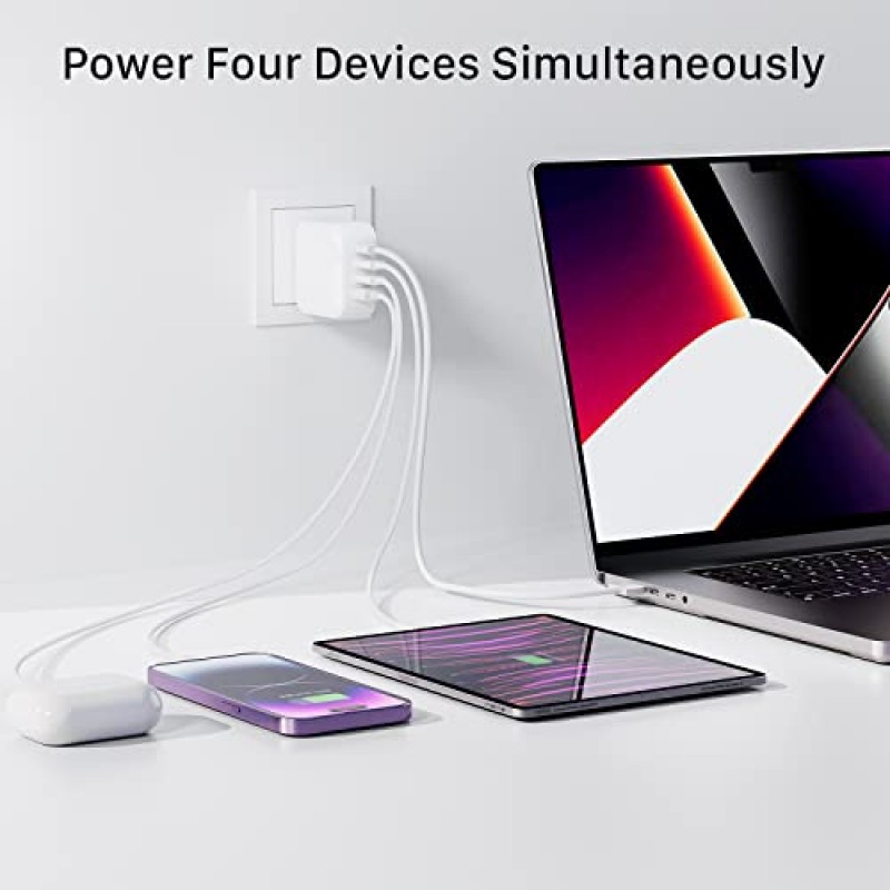 INVZI 100W USB C 멀티포트 충전기, GaN III 4포트 USB 충전 스테이션 MacBook Pro Air, iPad Pro, Dell XPS, Galaxy S21/S20, iPhone 14 13 12/12 Pro, Note 20/10+, White용 고속 충전기 전원 어댑터