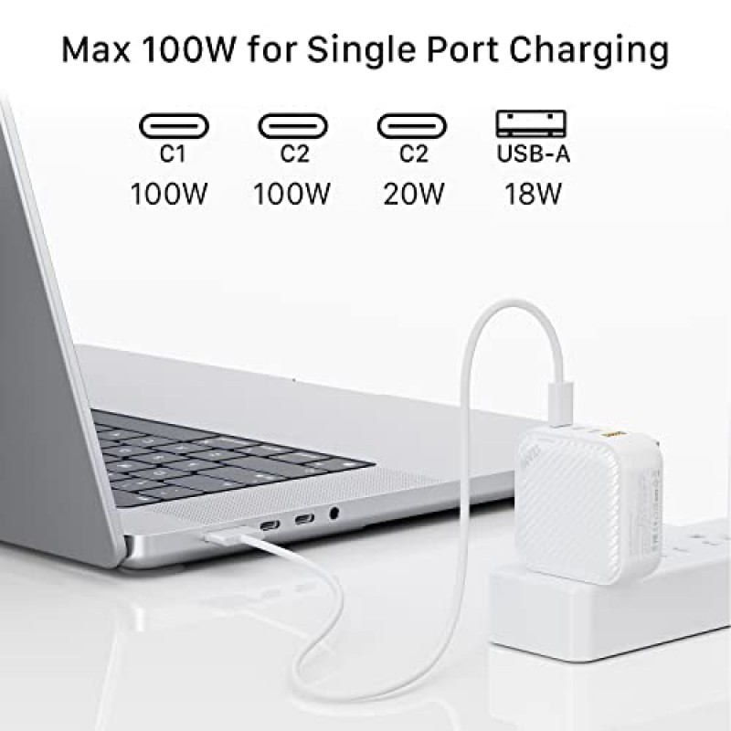 INVZI 100W USB C 멀티포트 충전기, GaN III 4포트 USB 충전 스테이션 MacBook Pro Air, iPad Pro, Dell XPS, Galaxy S21/S20, iPhone 14 13 12/12 Pro, Note 20/10+, White용 고속 충전기 전원 어댑터