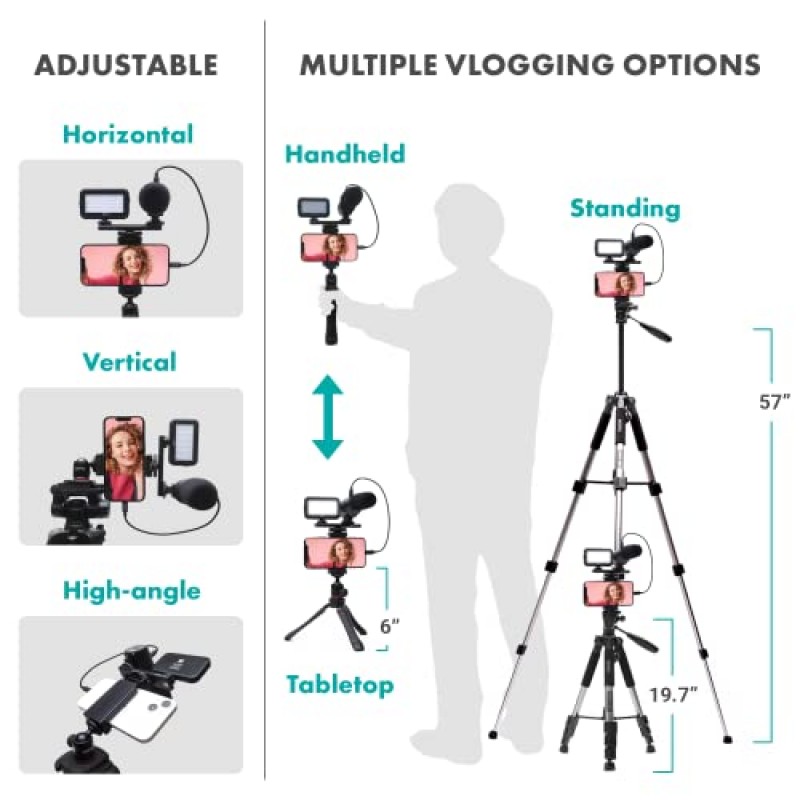 풀사이즈 삼각대가 포함된 iPhone용 Movo iVlogger 동영상 블로그 키트 - Lightning 호환 동영상 블로그 키트 - 액세서리: YouTube 스타터 키트용 삼각대, 휴대폰 마운트, LED 조명 및 샷건 마이크